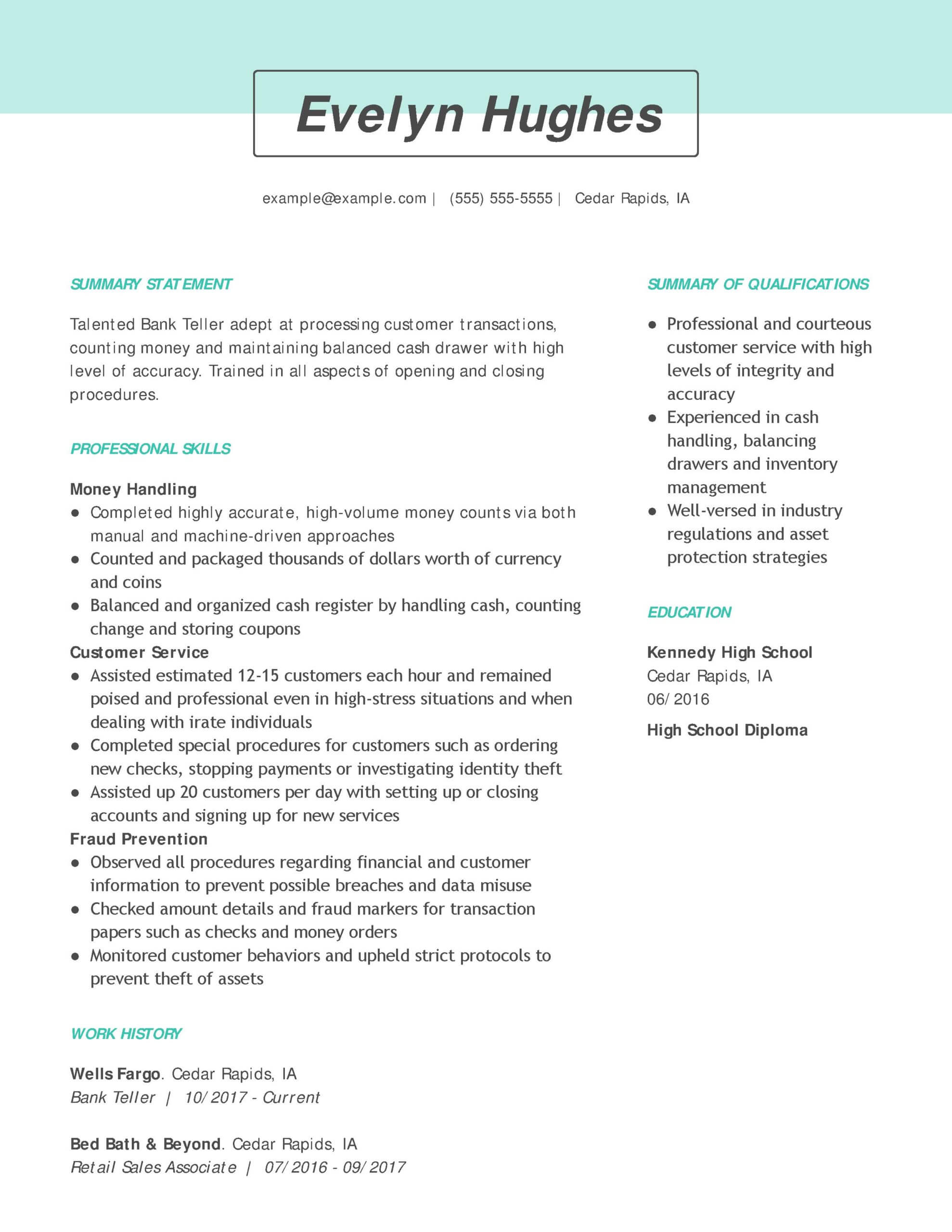 sample resume for banking job in canada