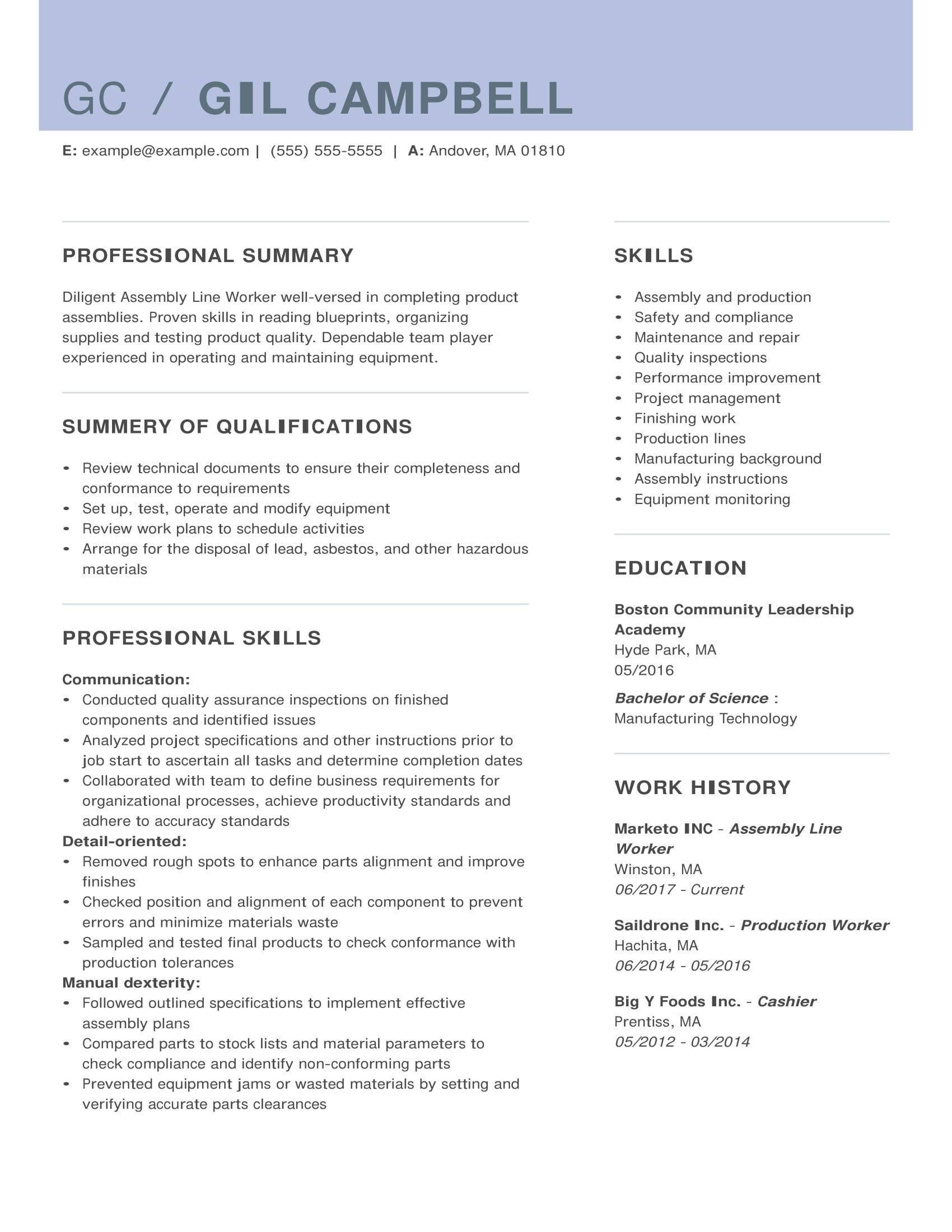 resume objective examples for production worker