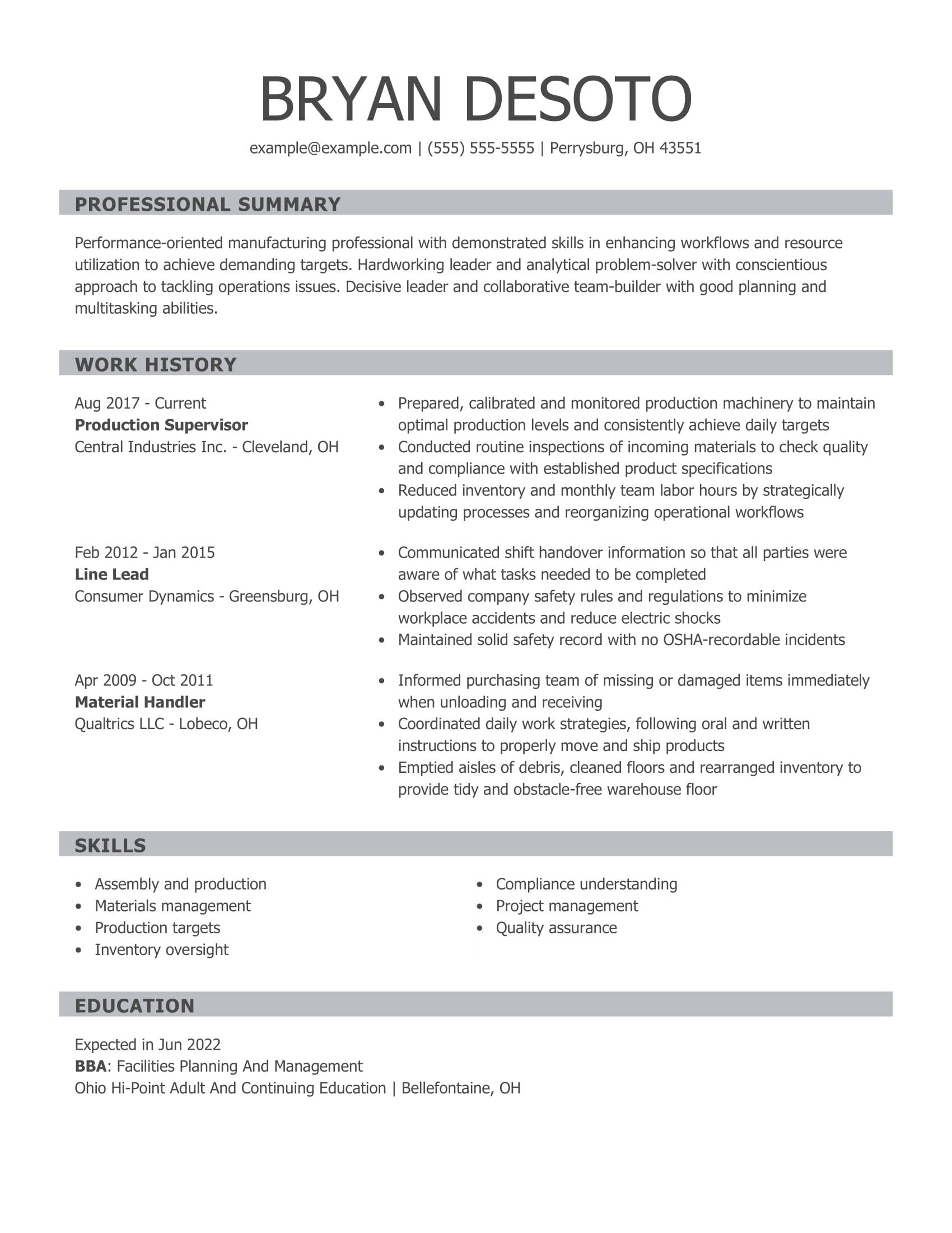 resume format for experience in production