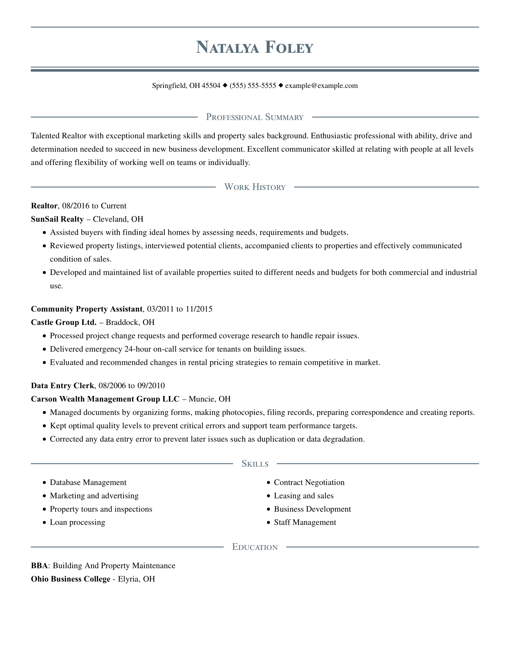 real estate job duties on resume