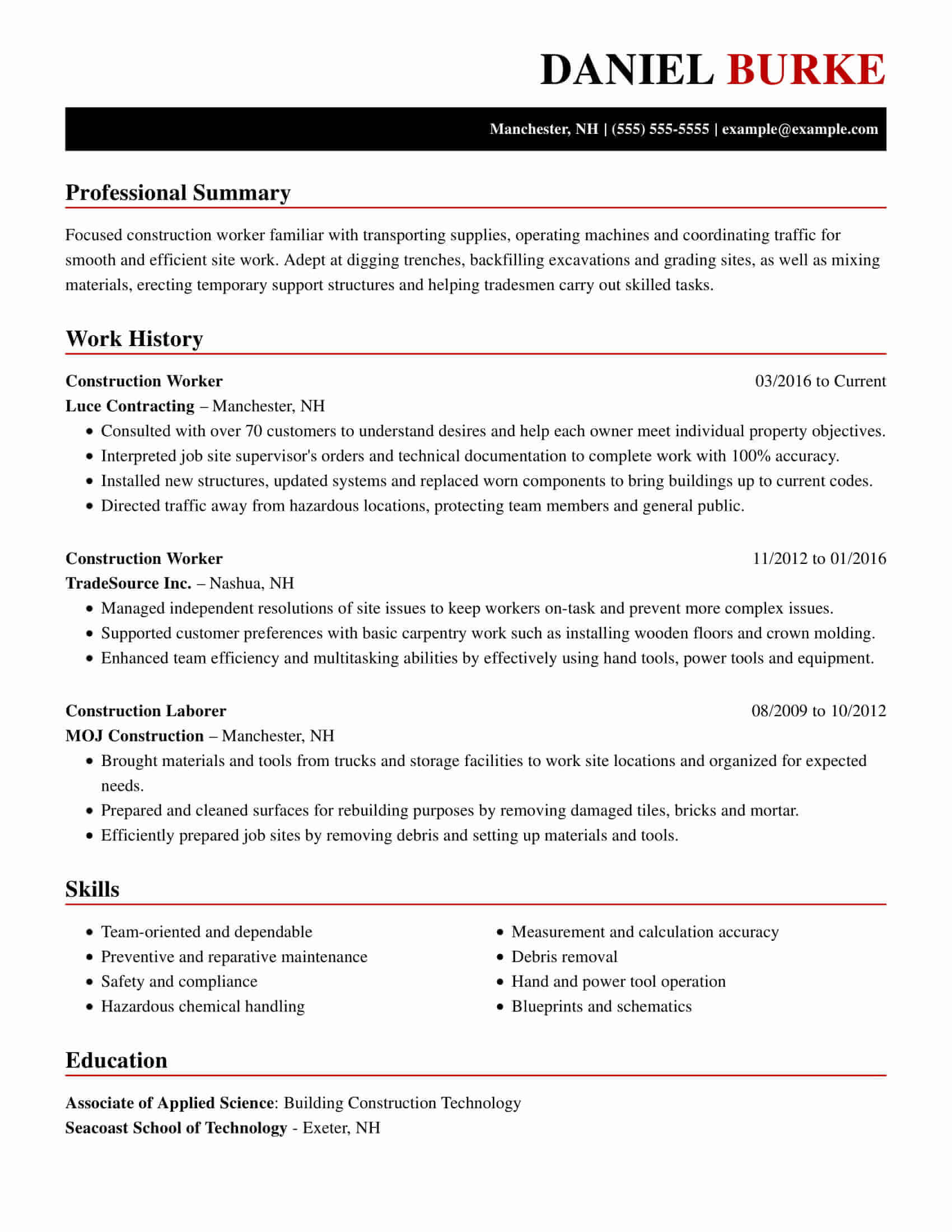 resume summary statement examples construction management