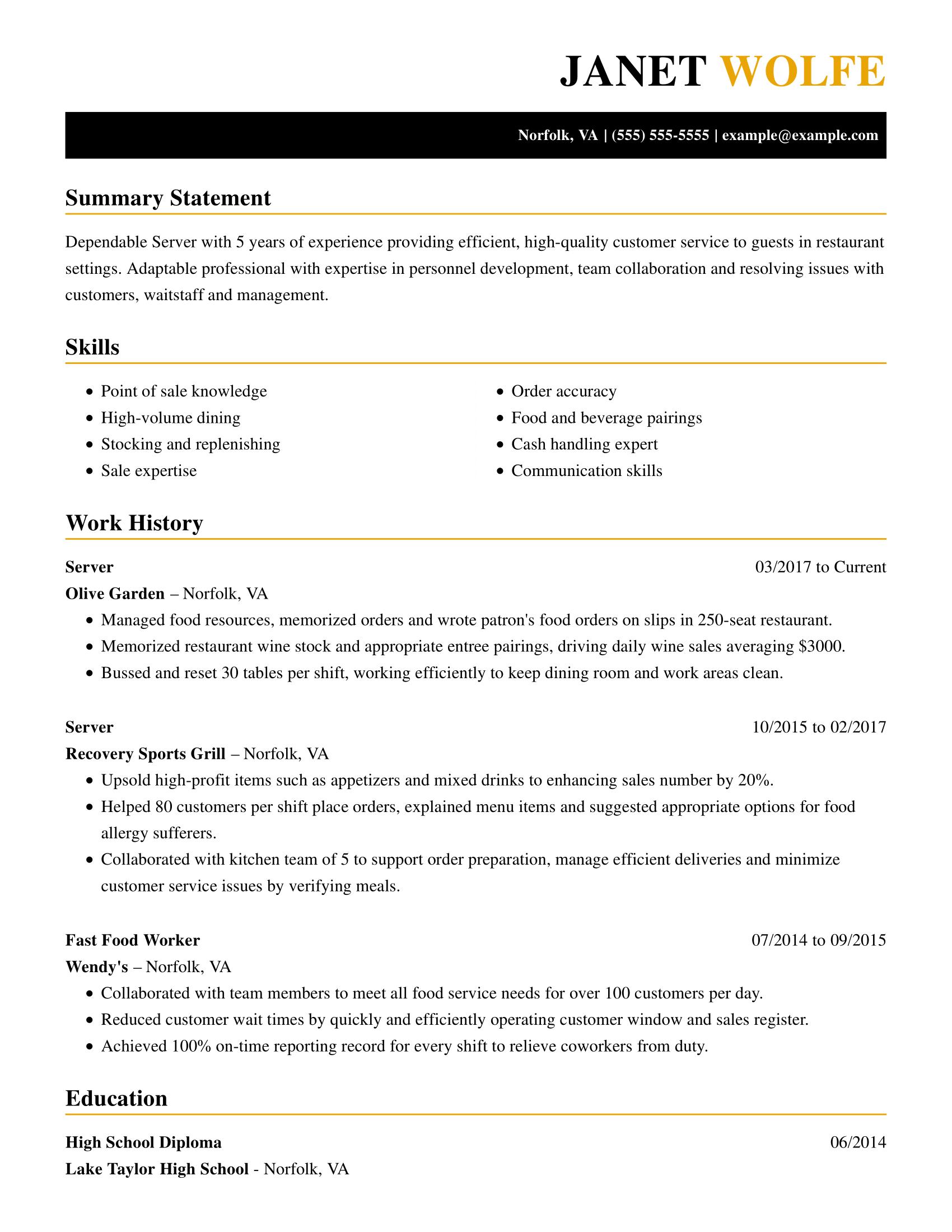 food service objective resume samples