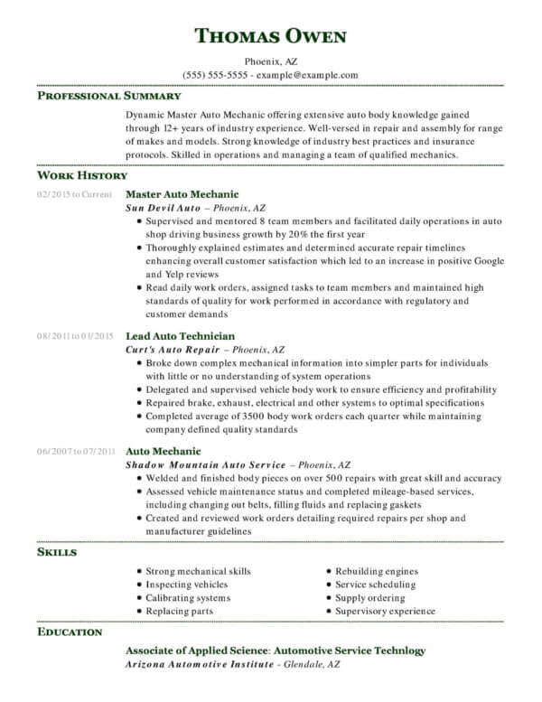 Professional Mechanics Resume Examples Livecareer