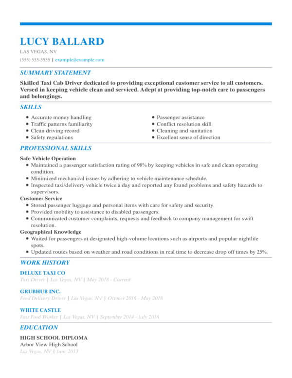 sample resume for taxi driver