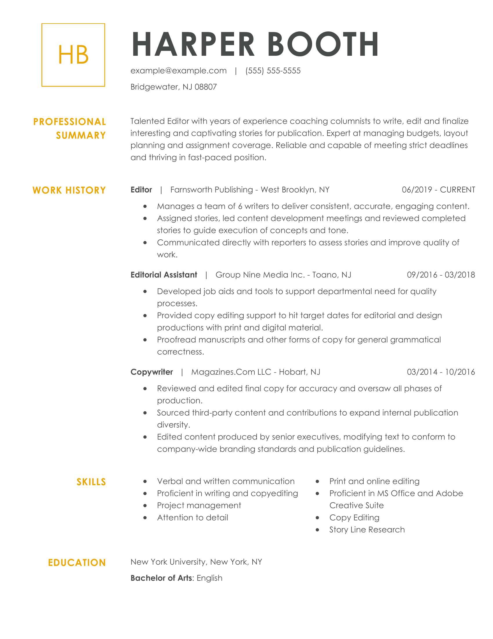 resume for editor job