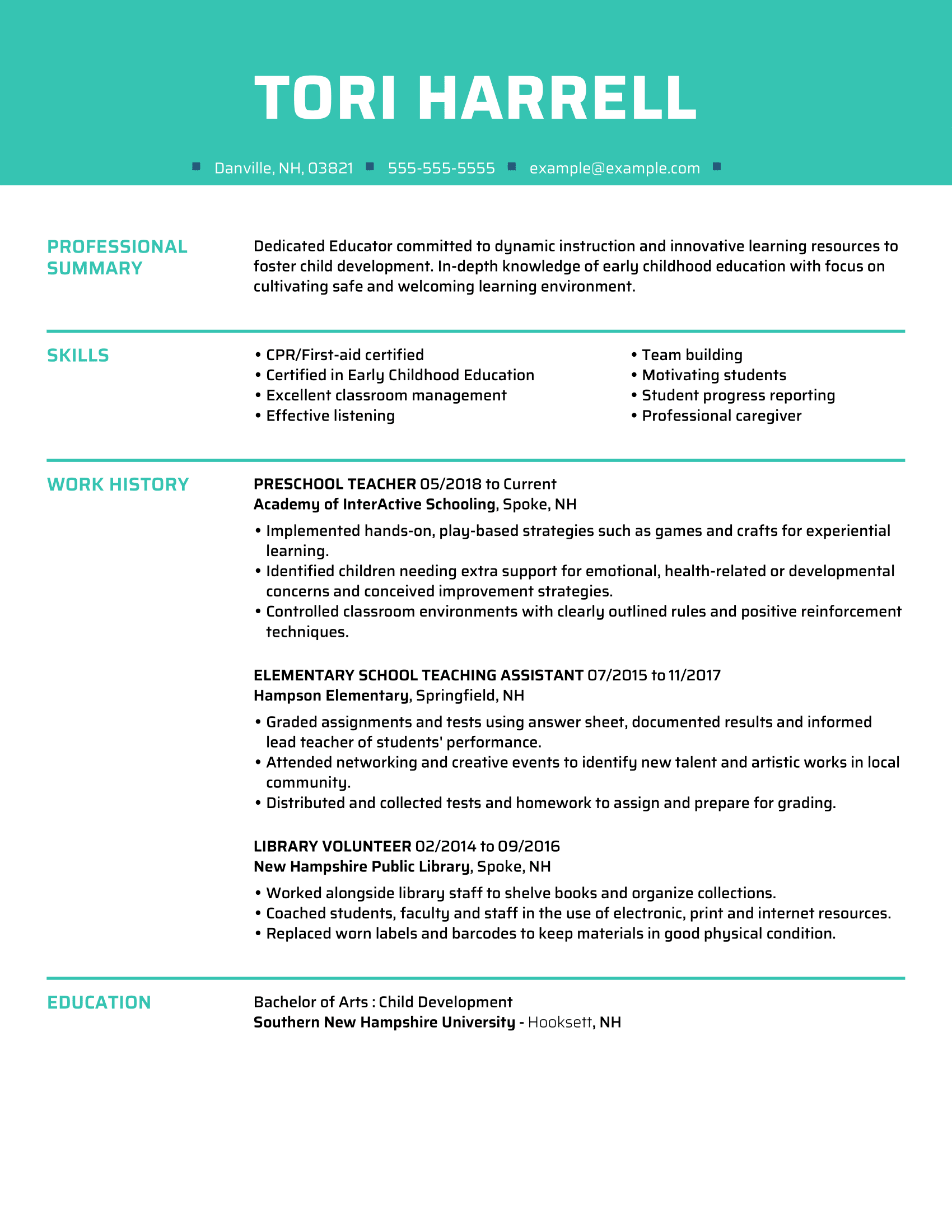 skills on resume for preschool teacher