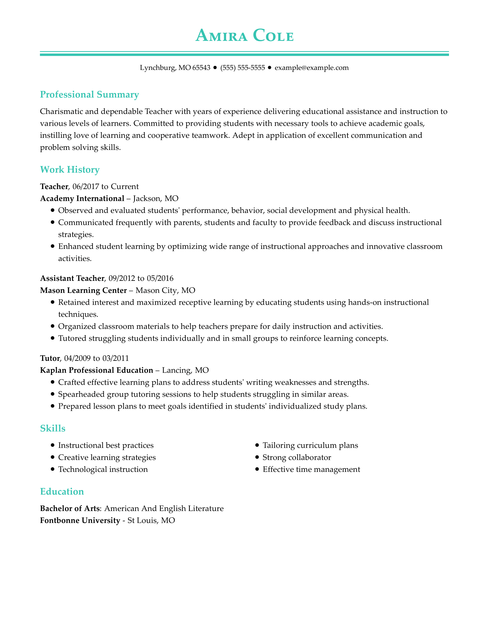 Professional Teacher Resume Examples  Teaching  LiveCareer