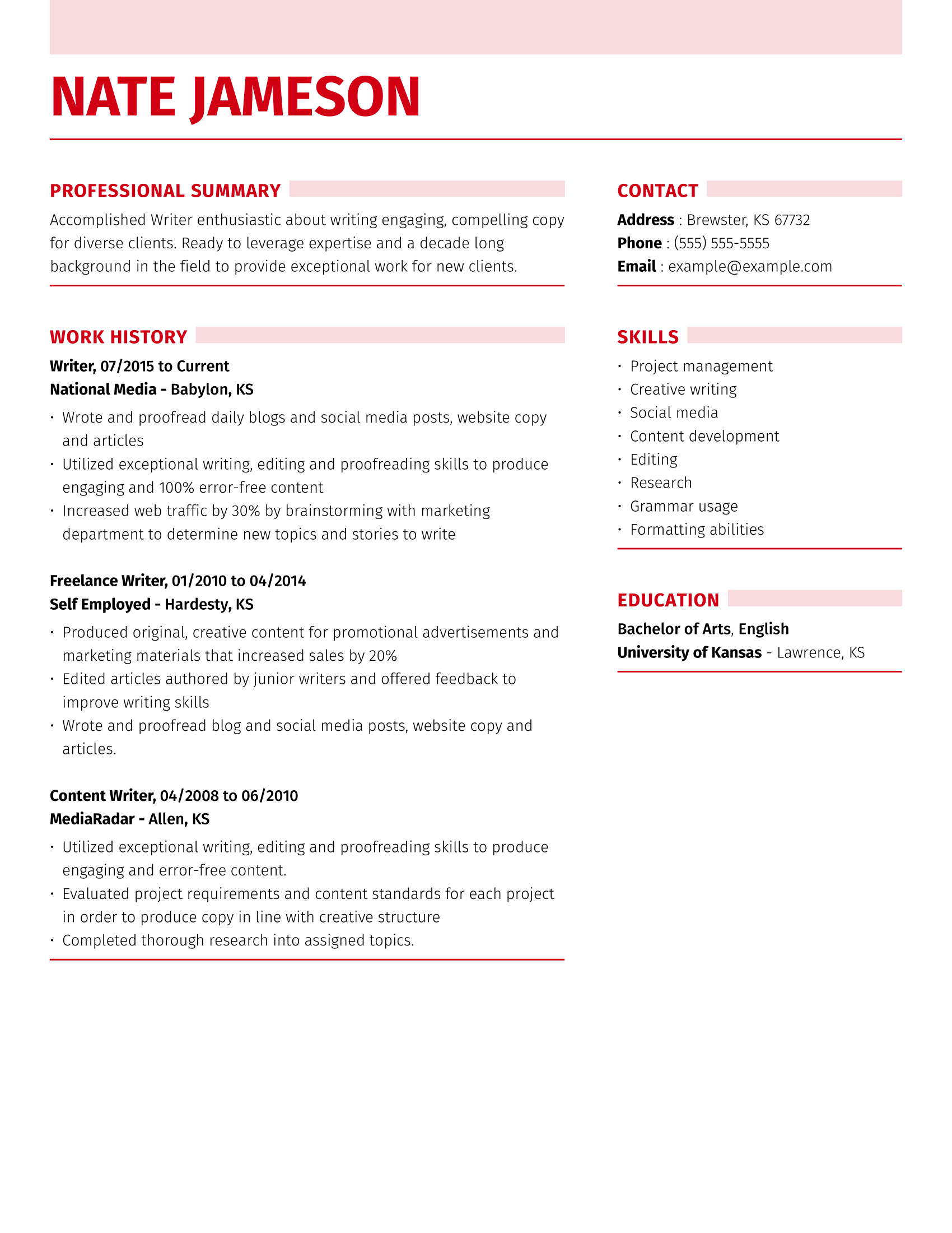 sample resume pen picture example