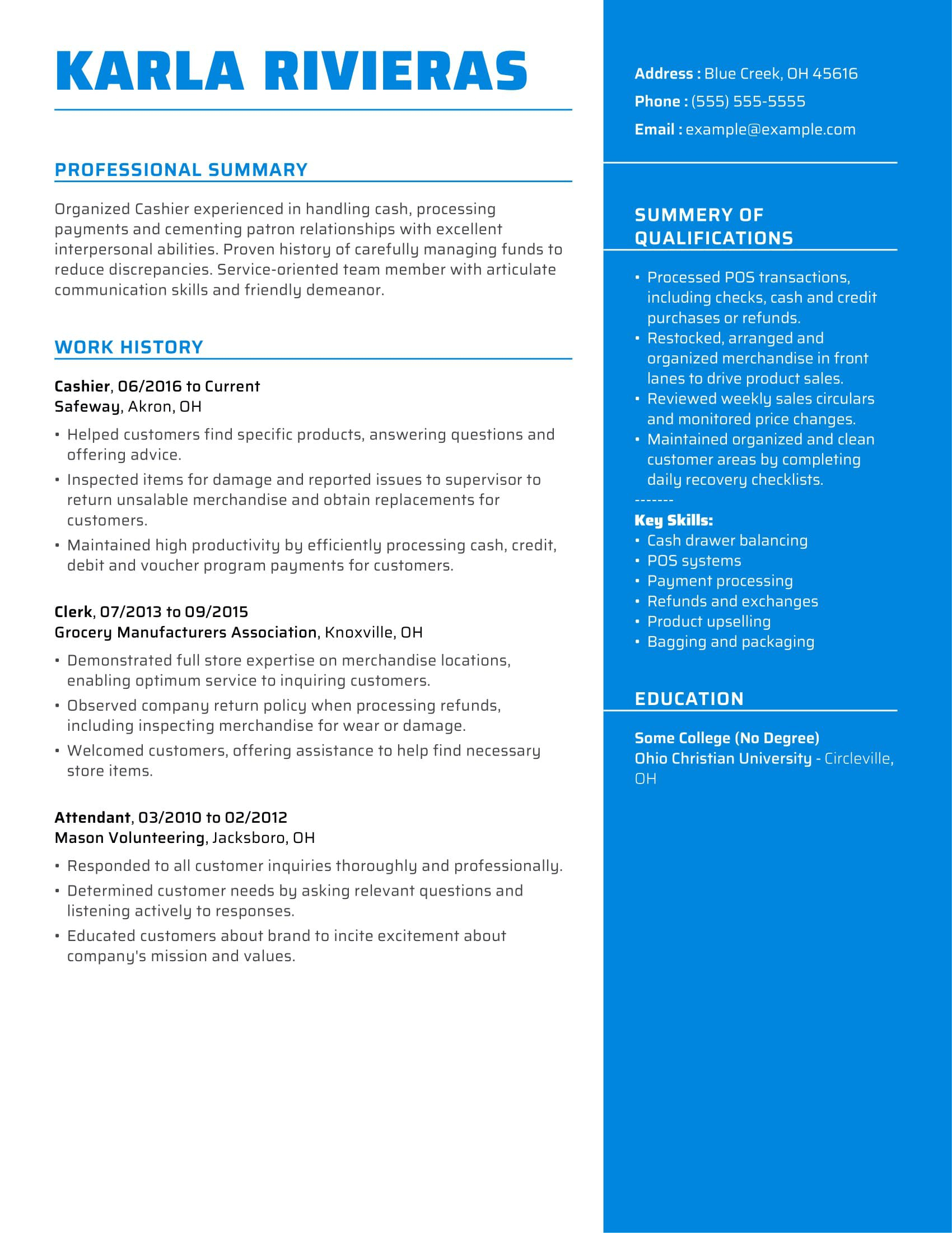 resume samples for cashier job