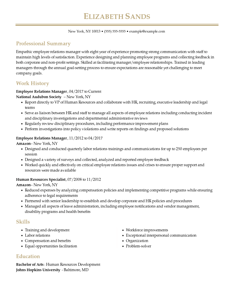 Employee Relations Manager Resume Examples  Human Resources