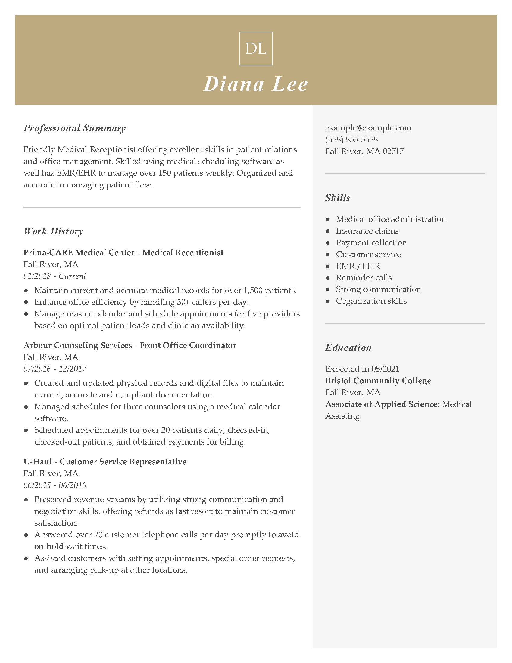 sample resume for receptionist in hospital