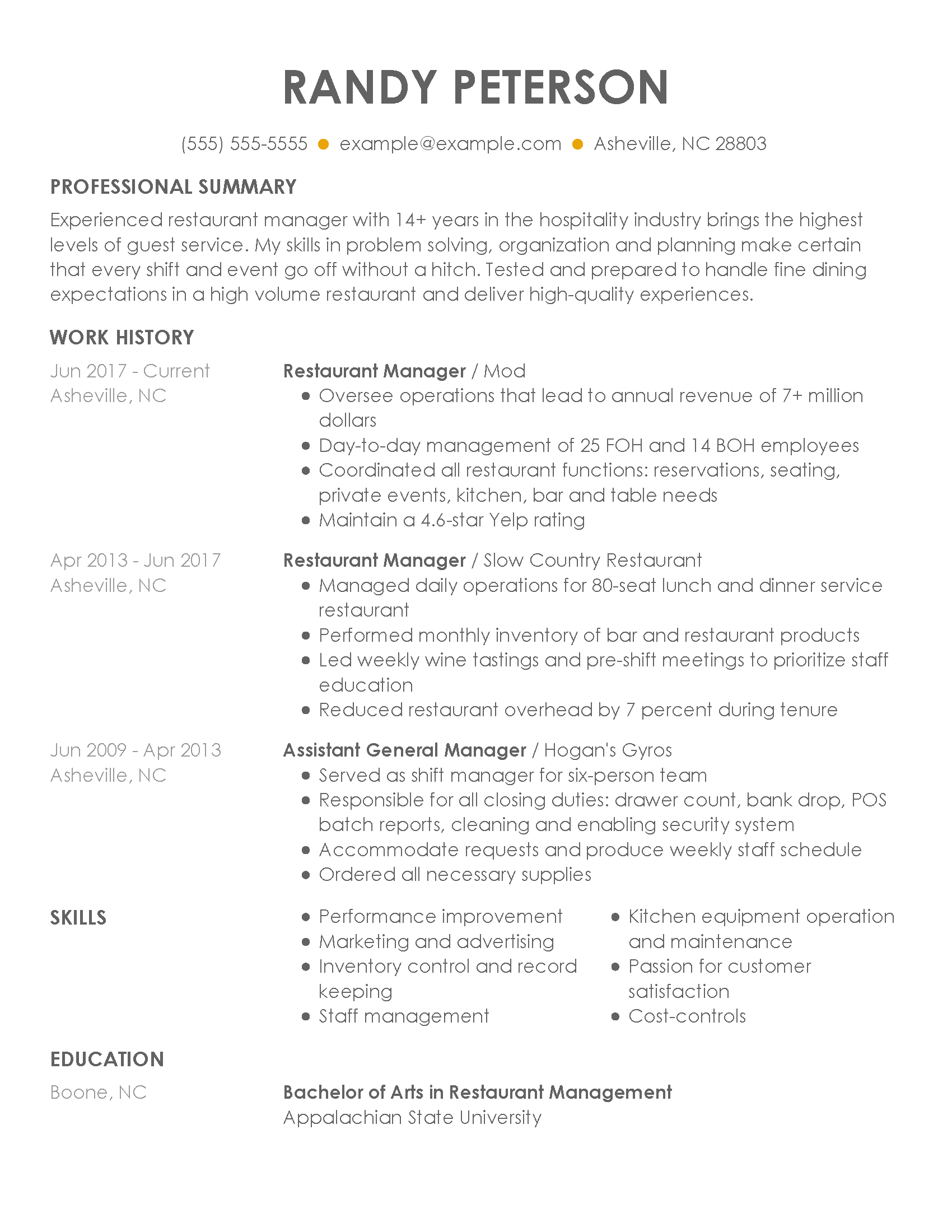 professional summary for resume restaurant manager