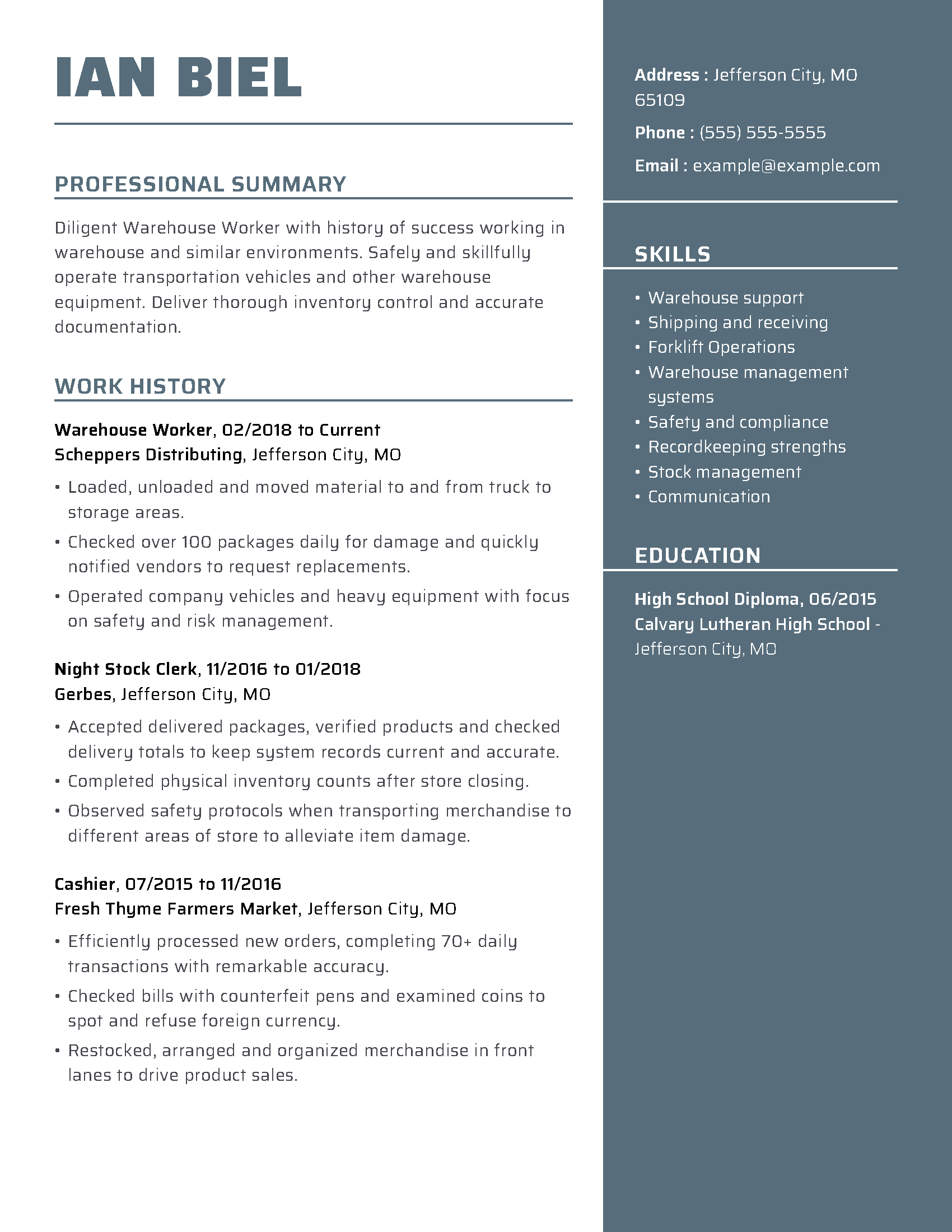 job description of warehouse worker on resume