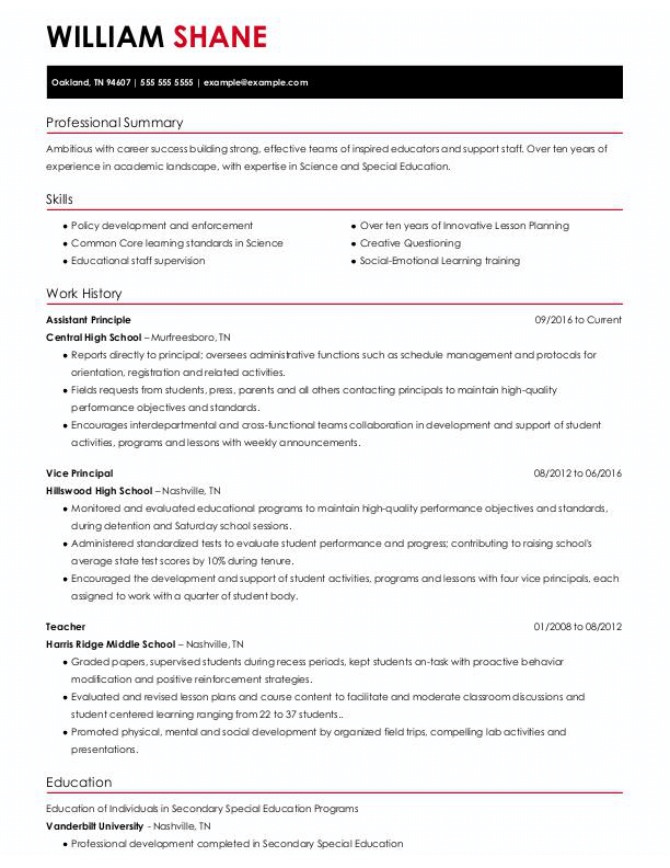 resume for teacher applying for assistant principal position