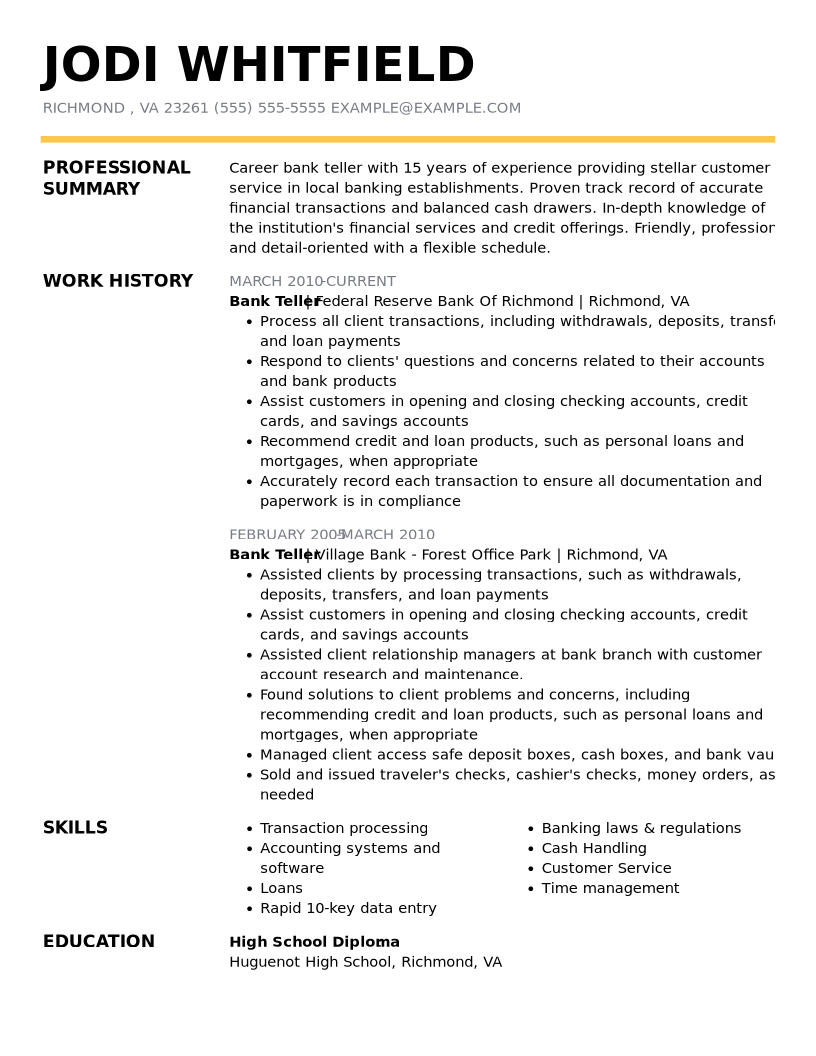 job description of bank teller for resume