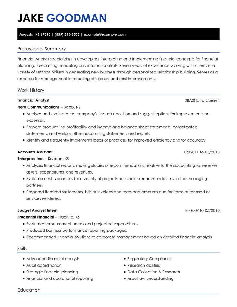 functional resume sample for financial analyst