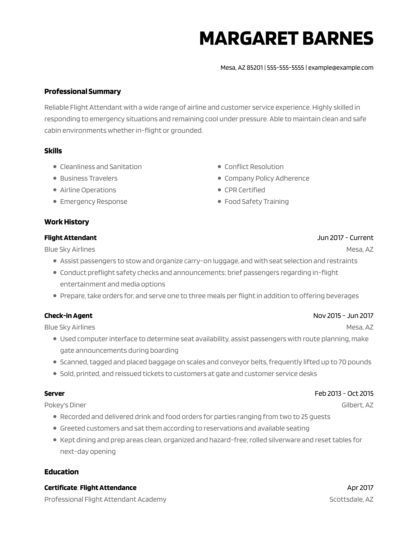 resume for fresher in flight attendant