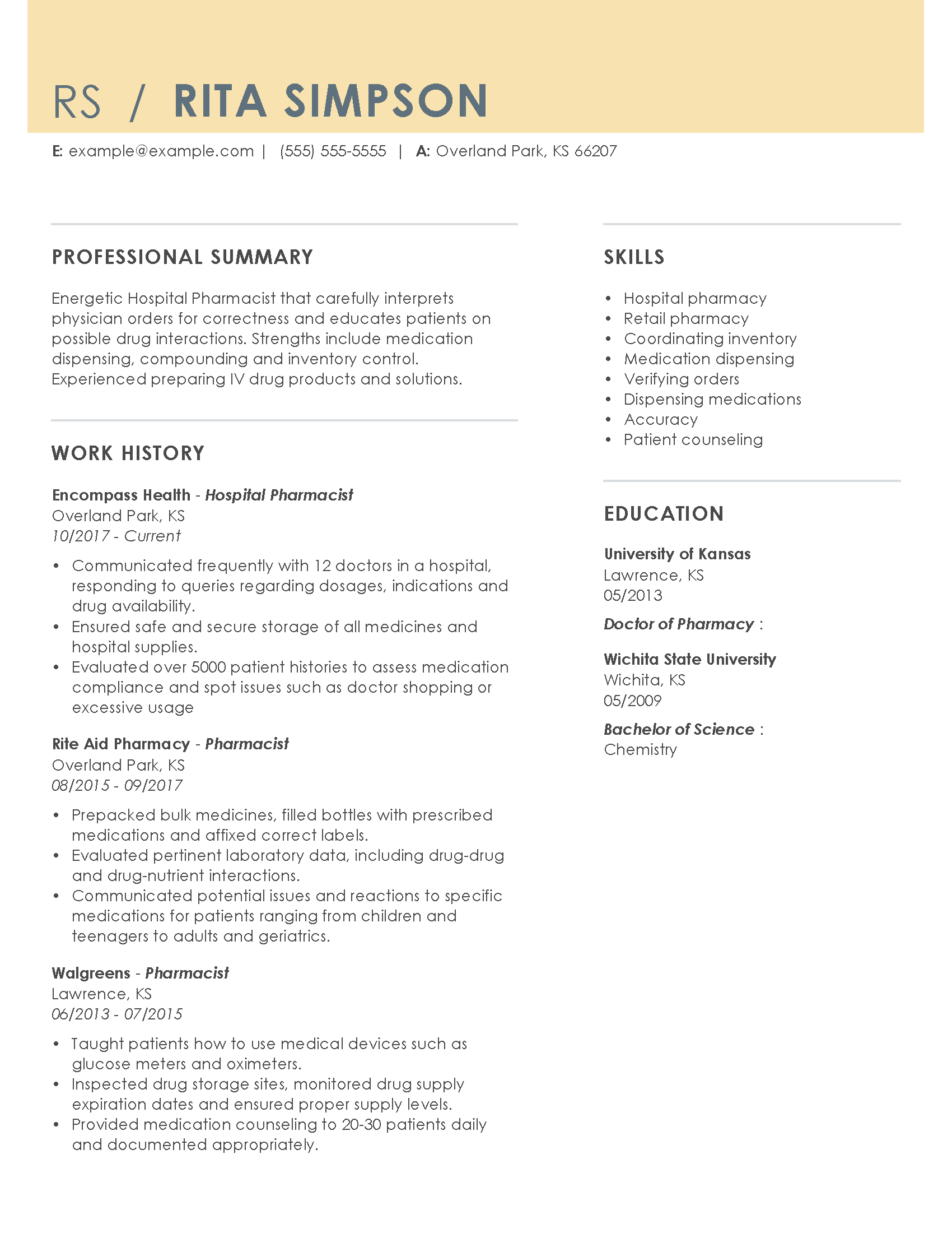 Hospital Pharmacist Resume Examples | Pharmaceutical