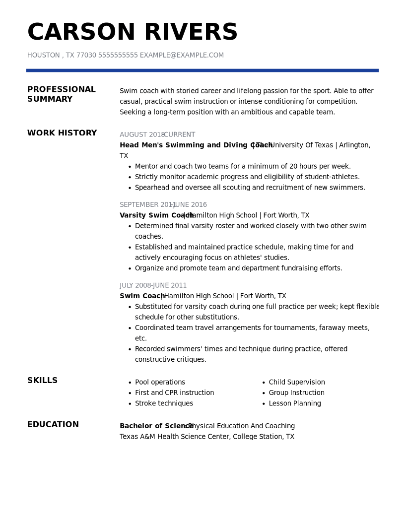 Professional Swim Coach Resume Examples | Sports | LiveCareer