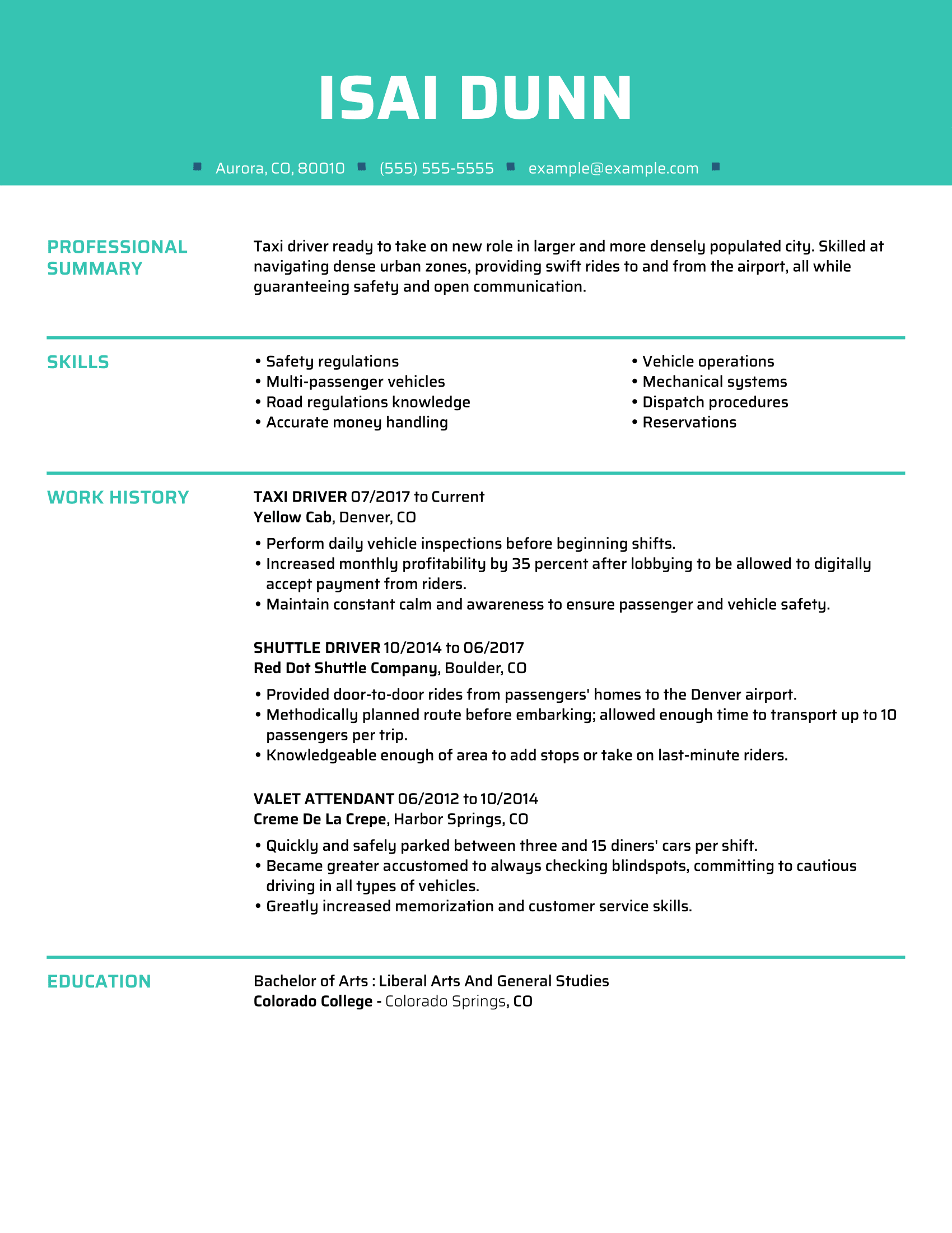 sample resume for taxi driver