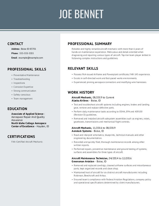 Aviation Mechanic Resume Templates