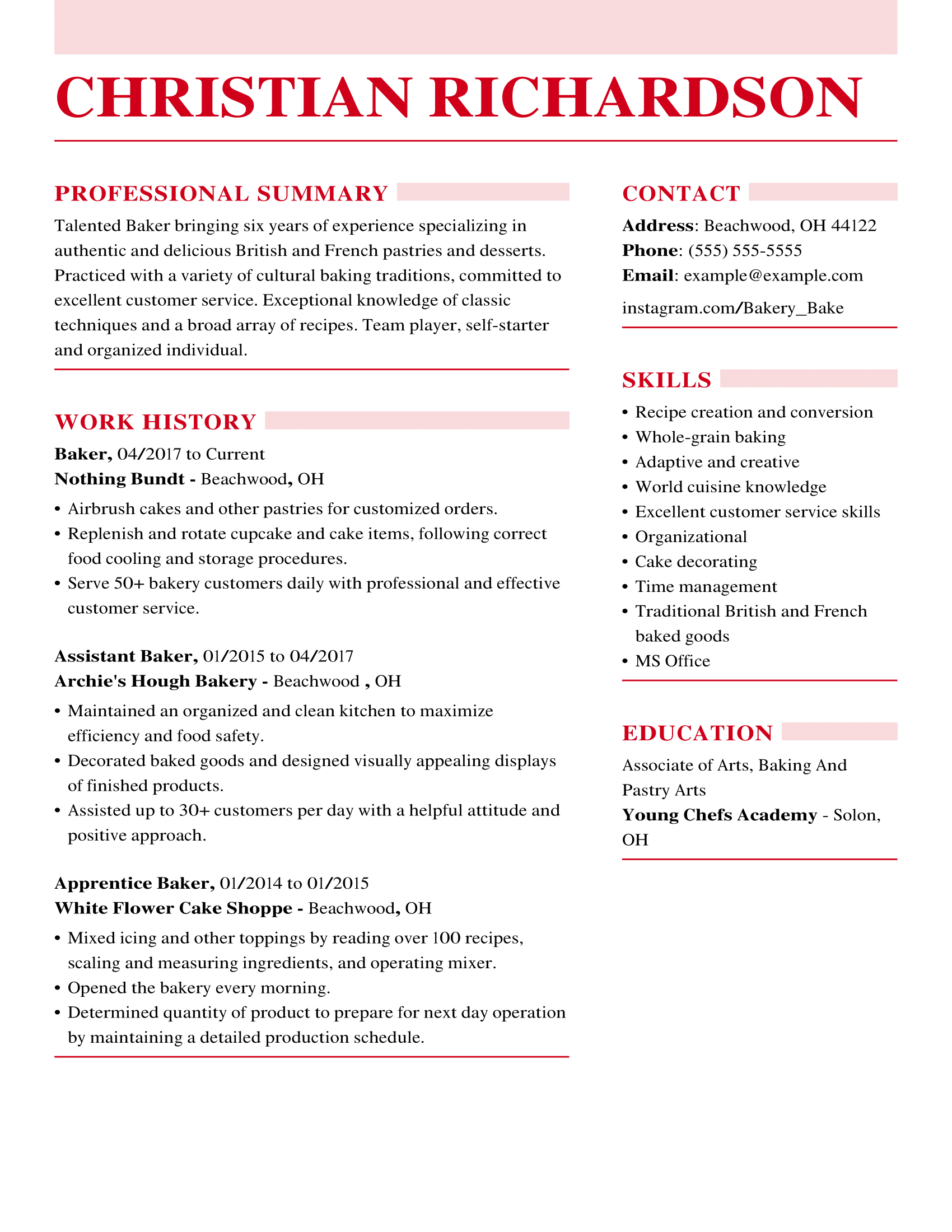 resume examples for baker