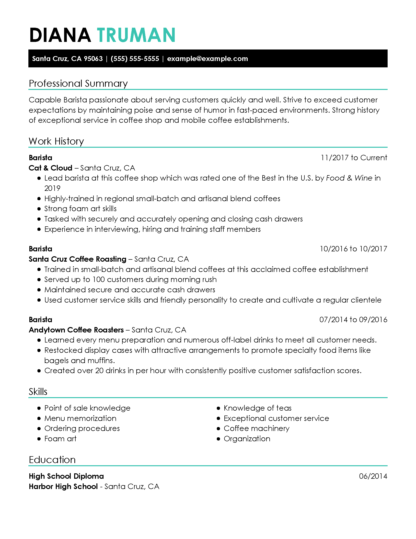 sample resume objective for barista position