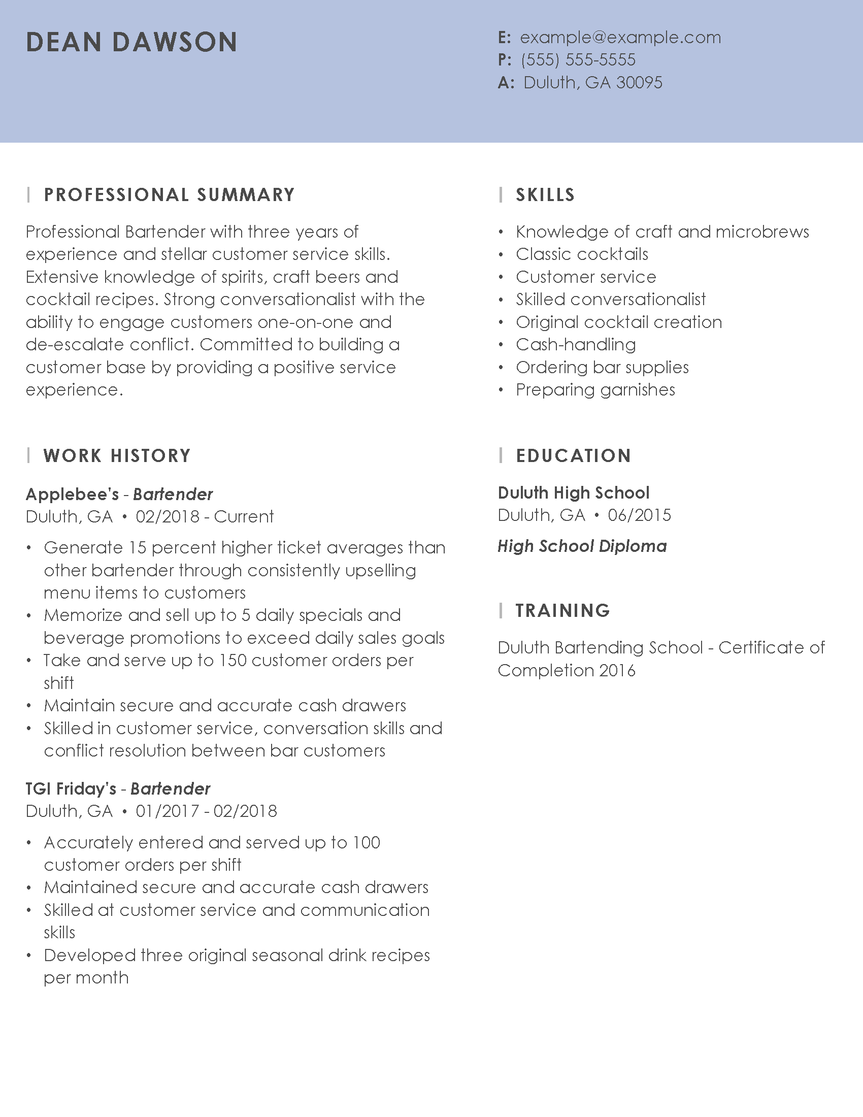 job description for bartender on resume