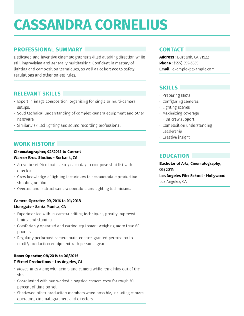 Cinematographer Resume Examples Entertainment LiveCareer
