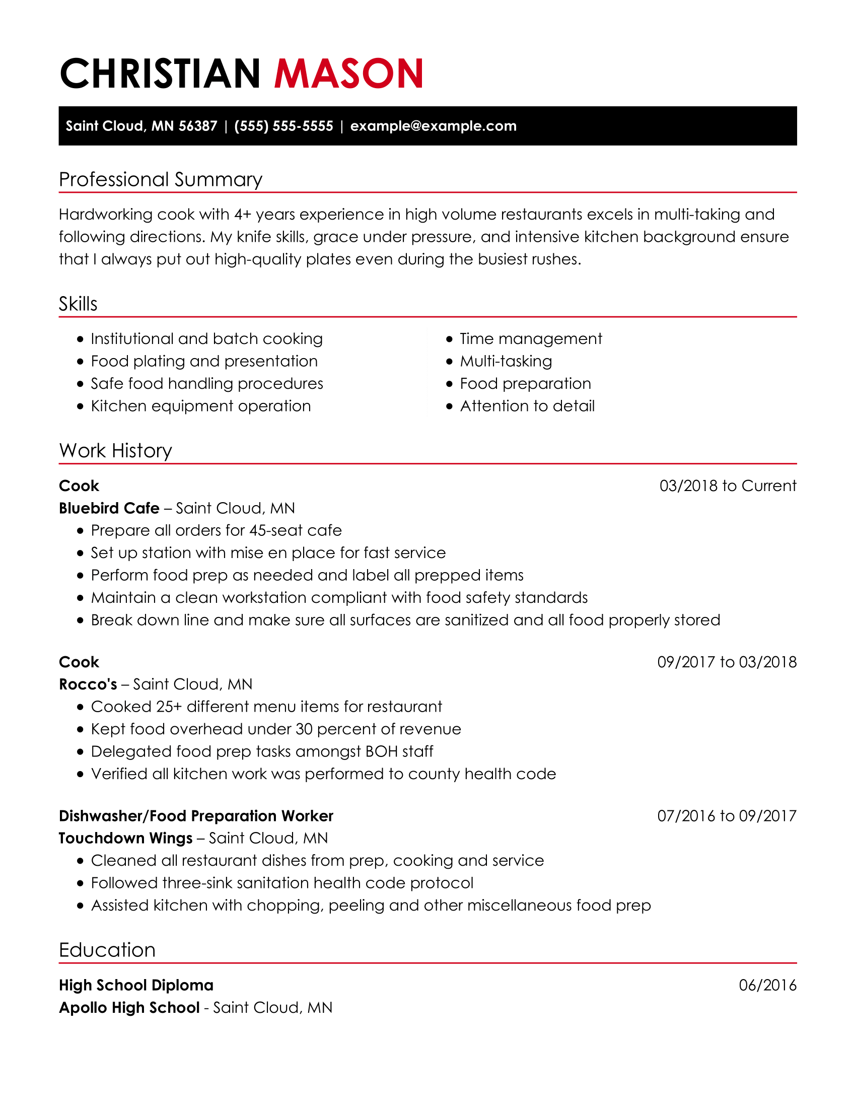 functional resume for a chef