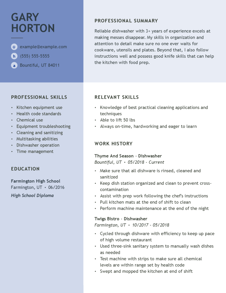 Professional Dishwasher Resume Examples | Culinary