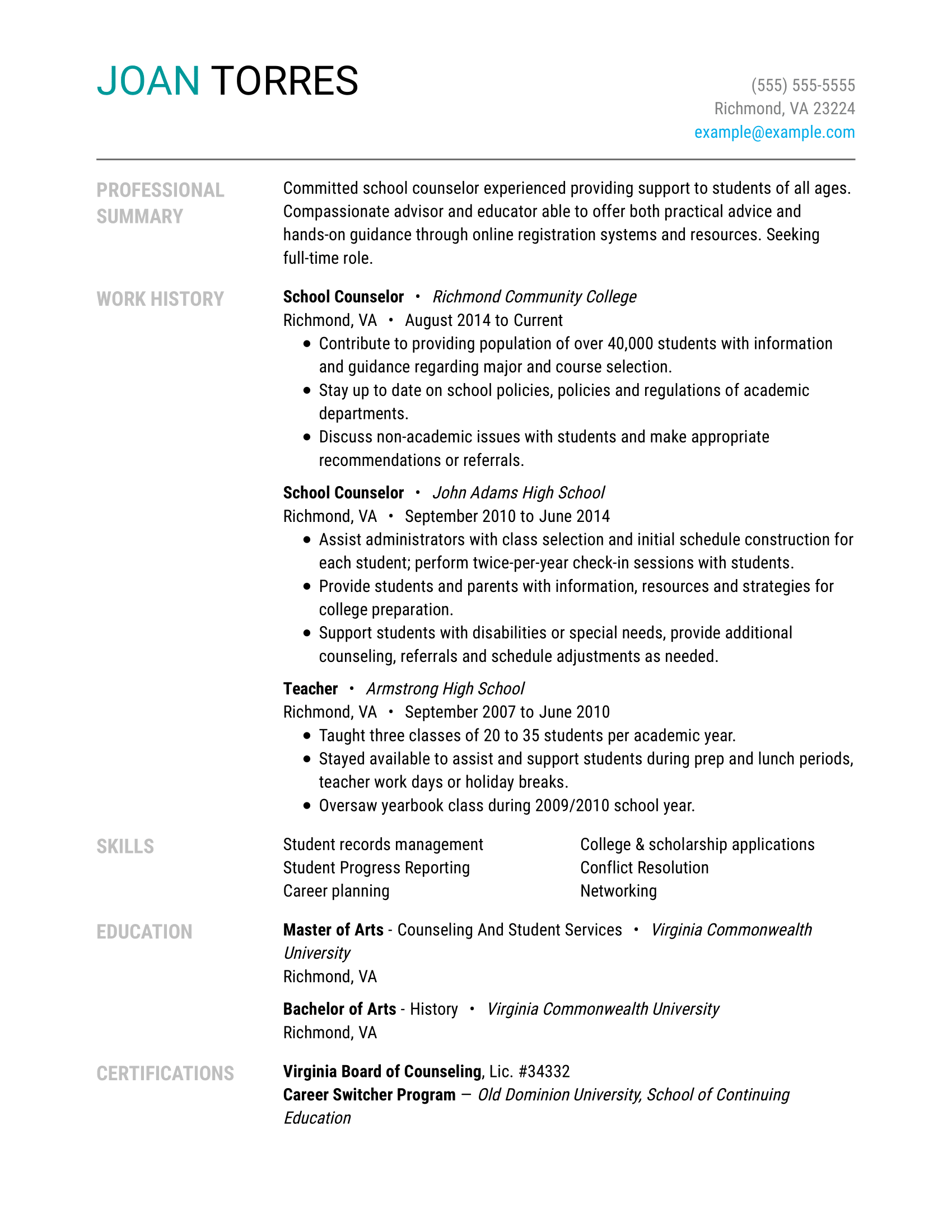 resume profile examples school counselor