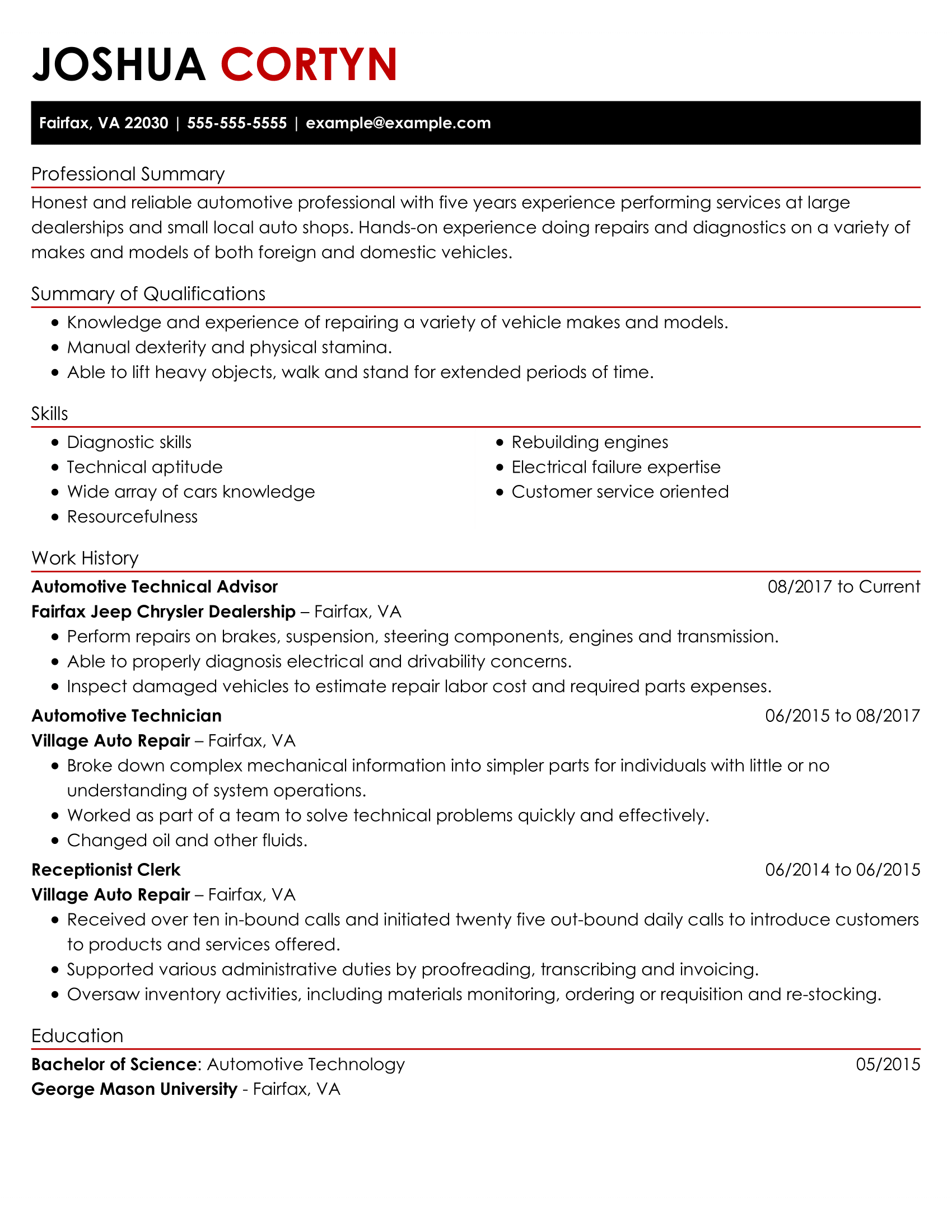 sample resume for entry level automotive technician