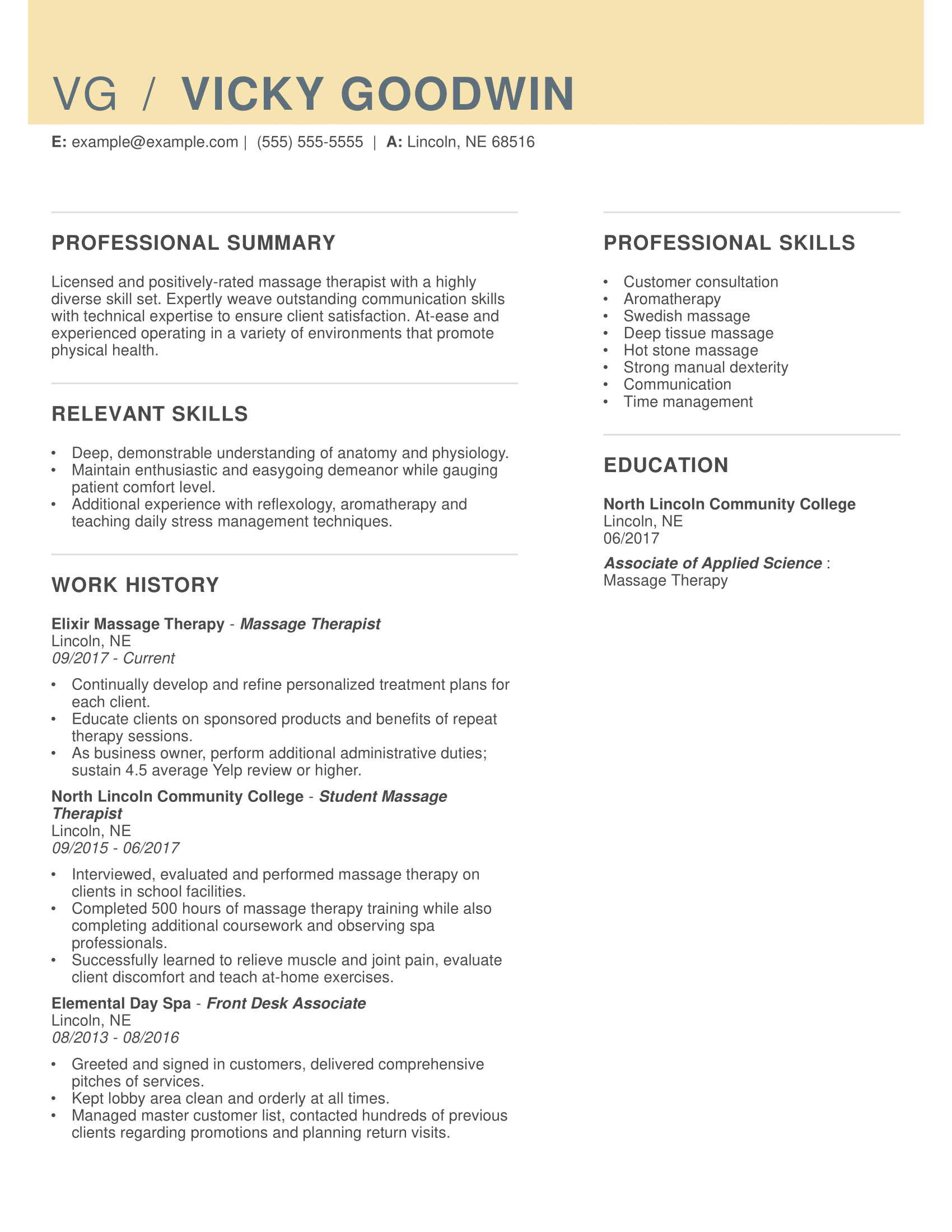 massage therapist resume example