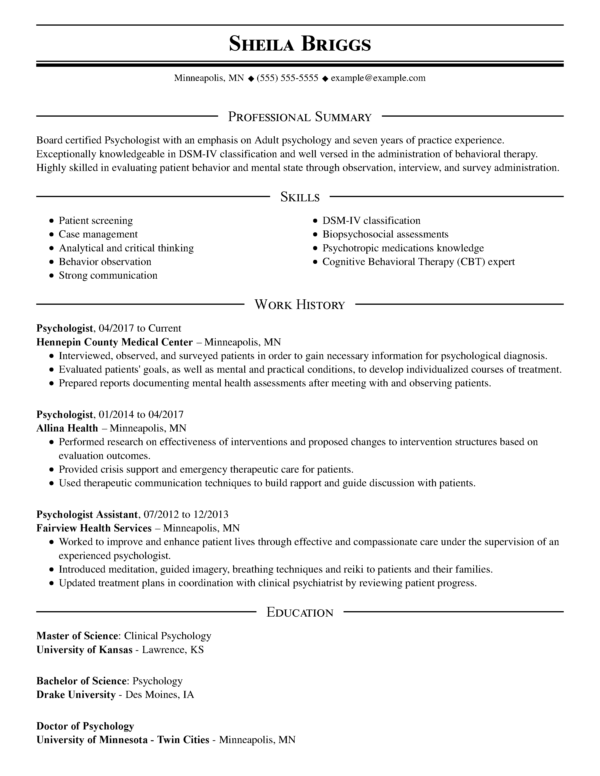 psychology student professional summary for resume