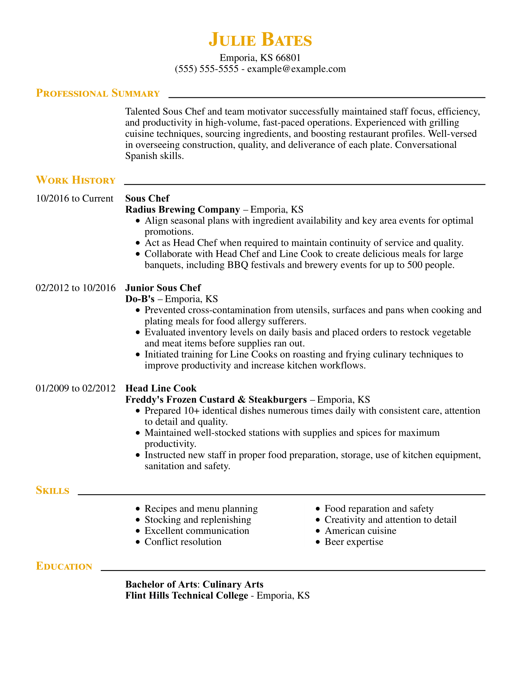 resume for executive sous chef