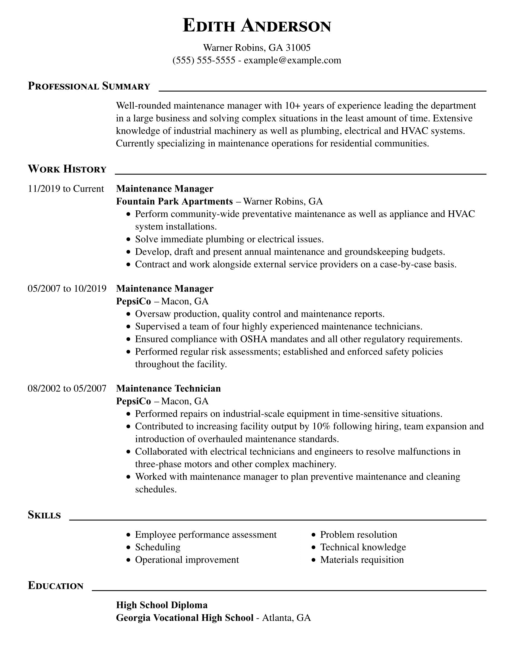 maintenance position resume objectives