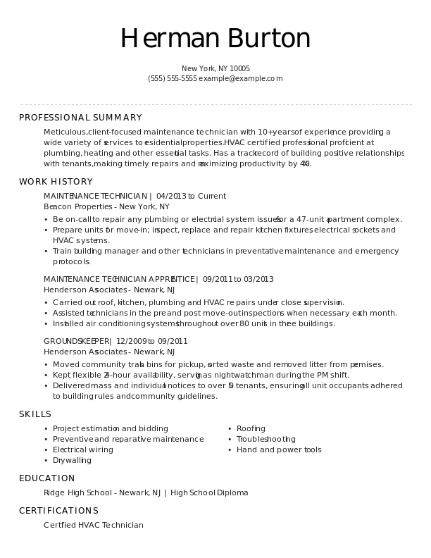 Maintenance Technician Resume Examples Livecareer