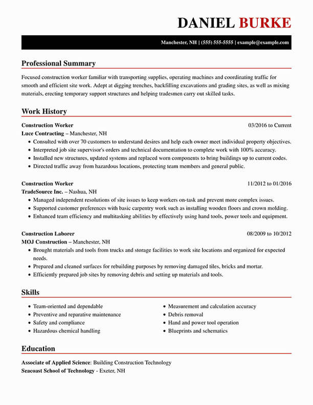 Professional Construction Resume Examples Livecareer