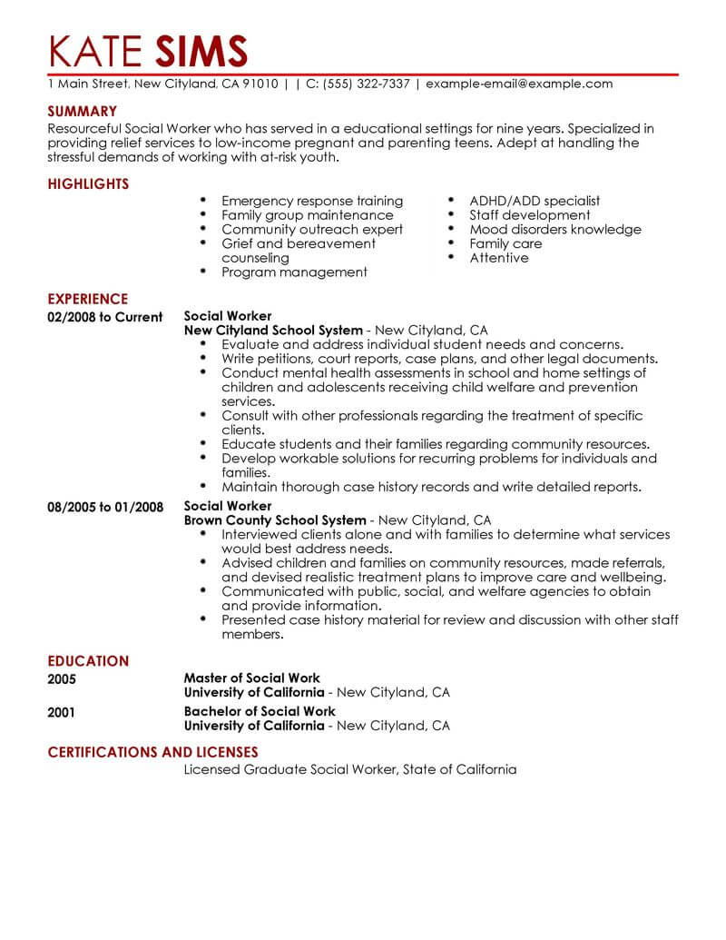 social work resume model