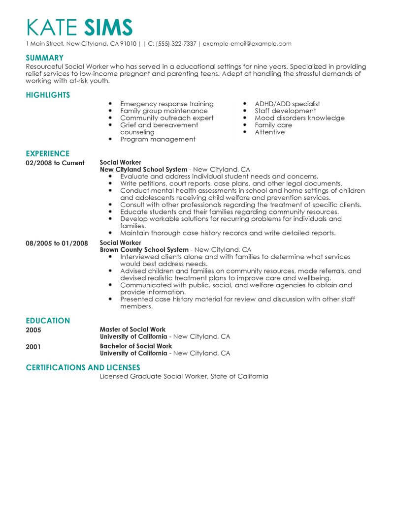 social worker resume sample canada