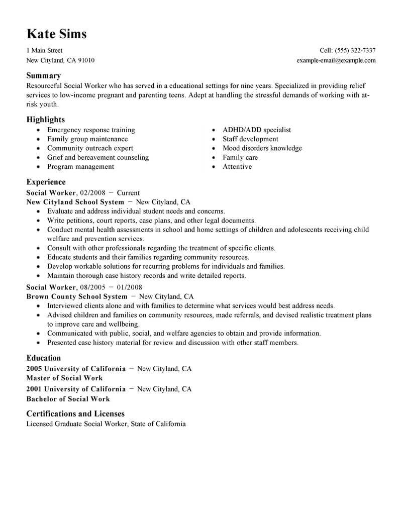 social work resume canada