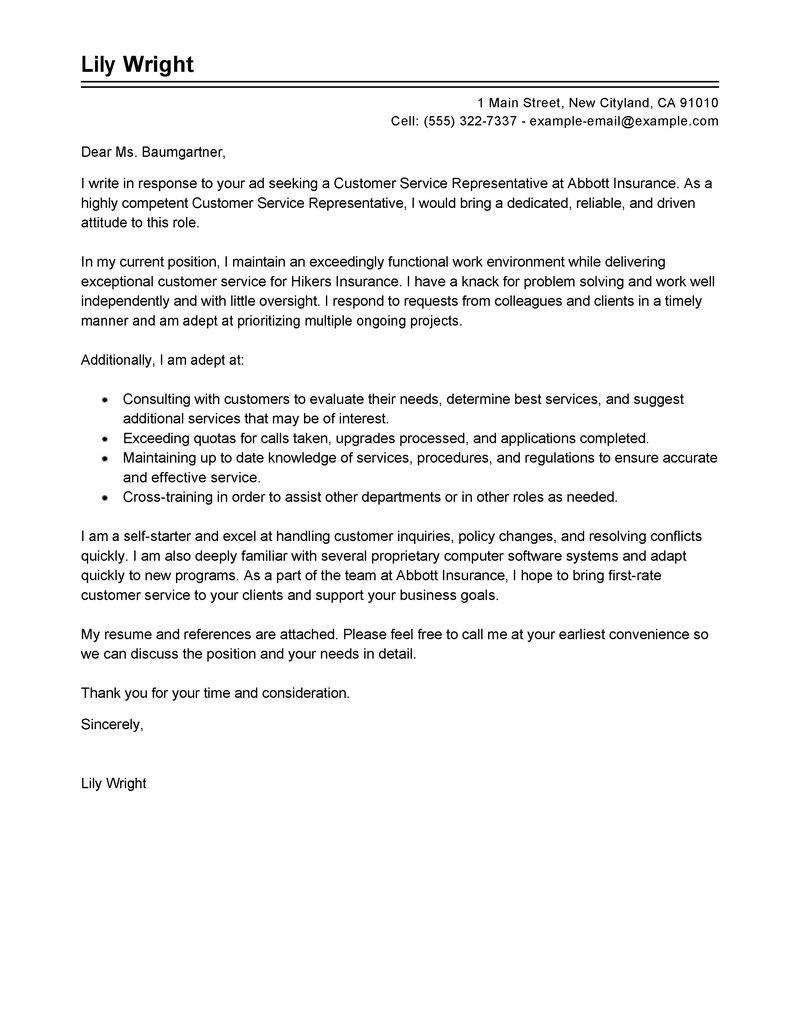 sample cover letter for customer service representative no experience