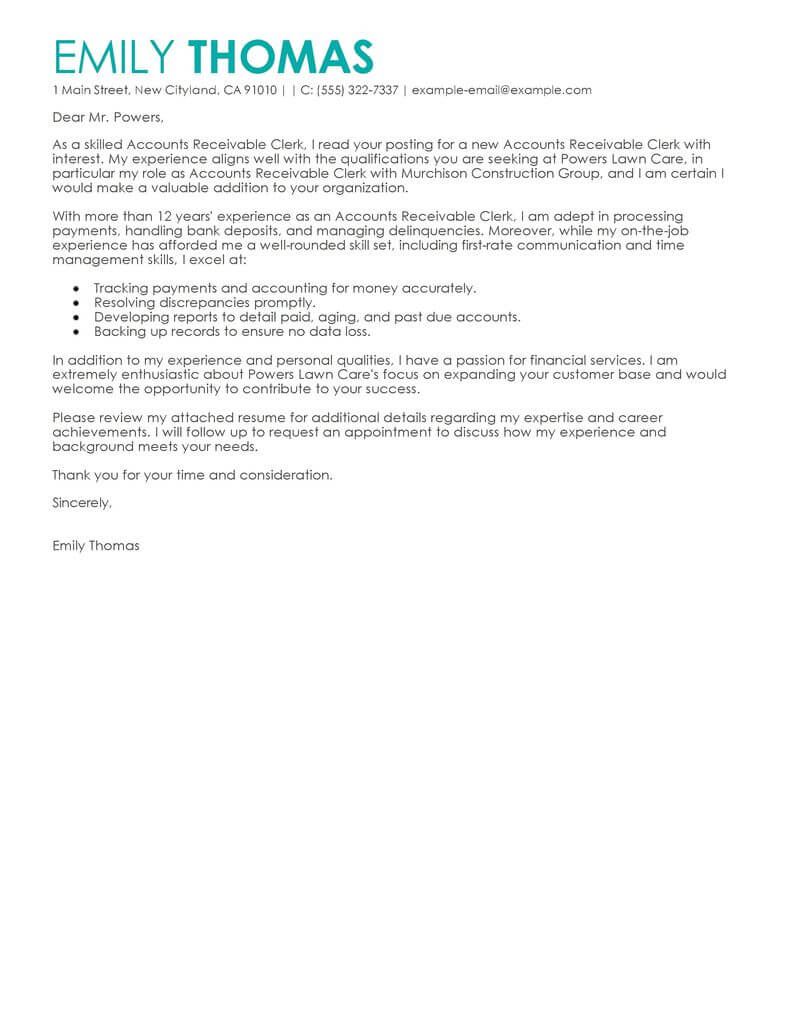 cover letter for accounts receivable clerk with no experience