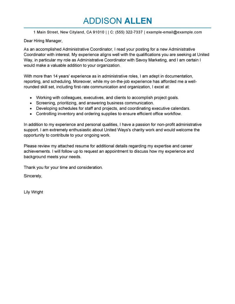 administrative coordinator cover letter no experience