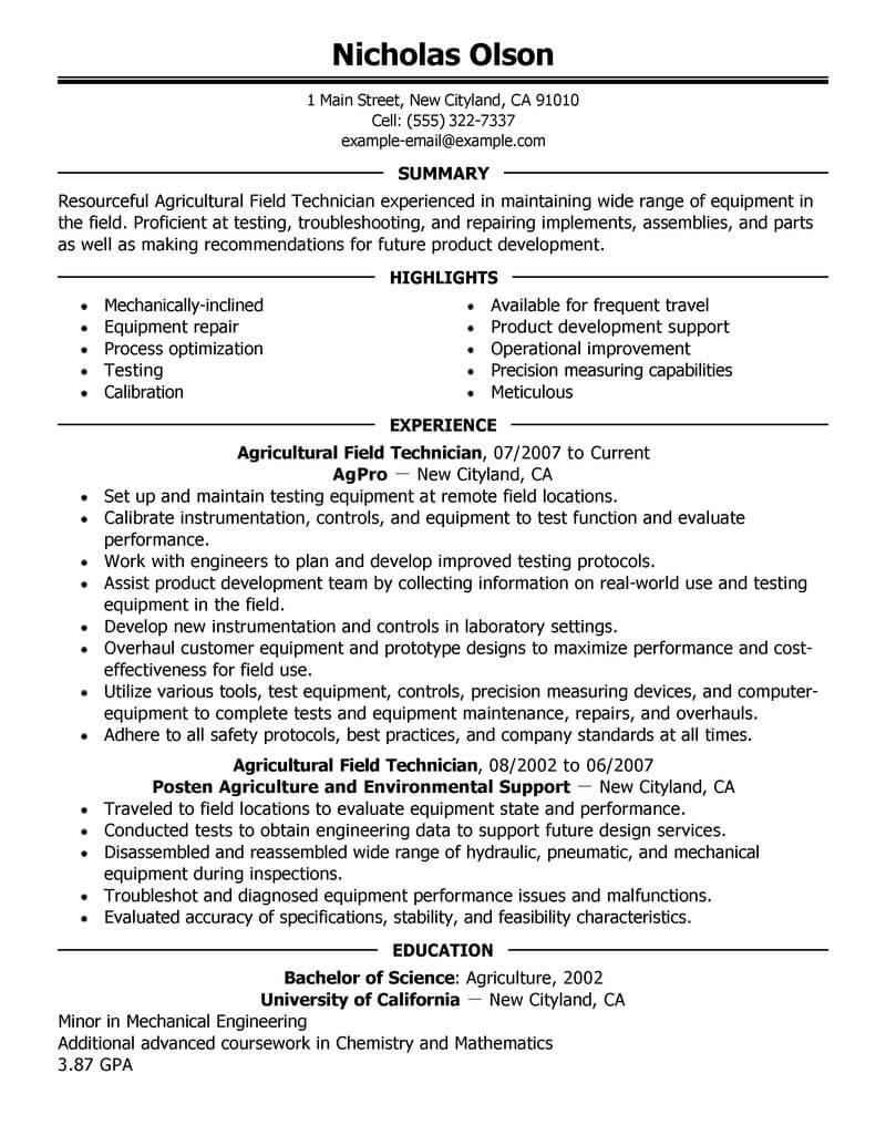 resume objective example for technician