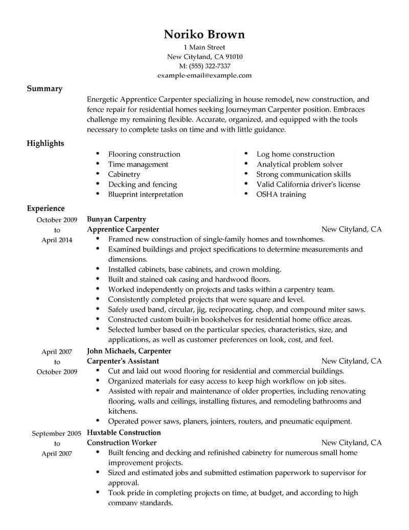 resume job descriptions for construction