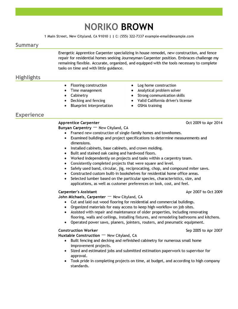 Carpenter Resume Skills - culiniarybazaar