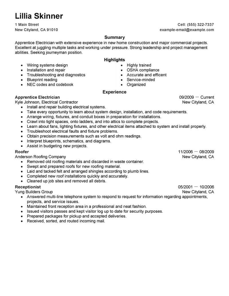 example resume for an electrician