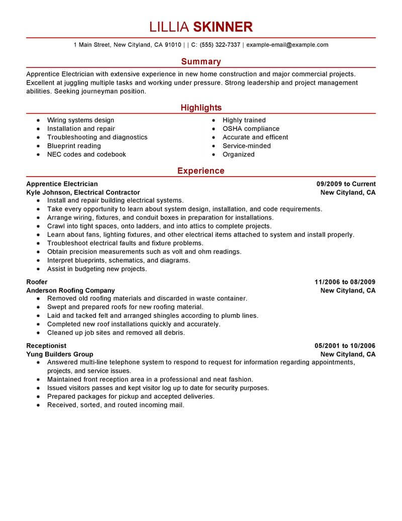 entry level electrical apprentice resume samples